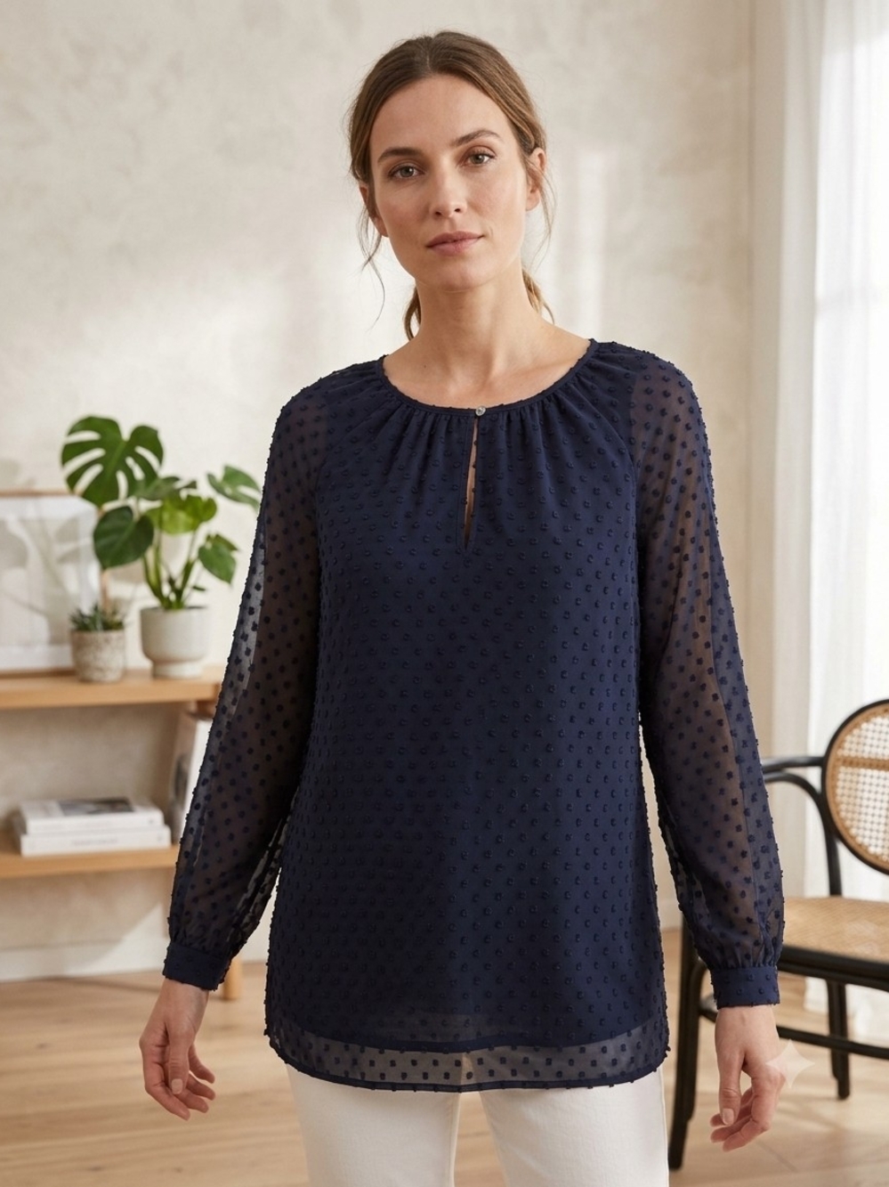 J. Crew Navy Sheer Swiss Dot Keyhole Blouse